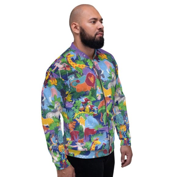Animated Jungle Animals Pattern Safari Unisex Bomber Jackets. - Picture 3 of 6